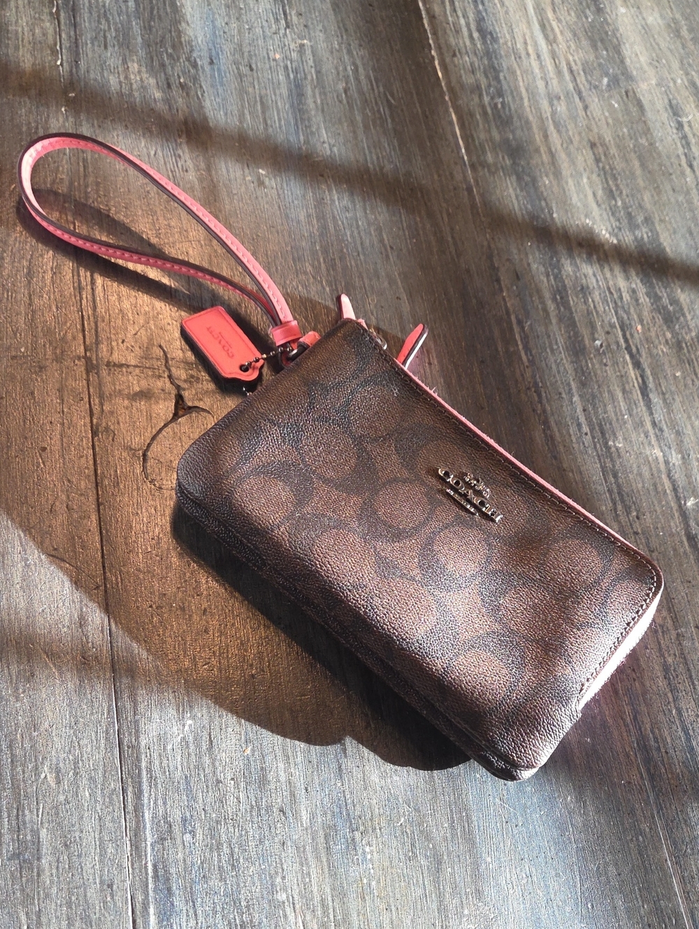 Coach Brown Signature Zip Wristlet with Pink Trim